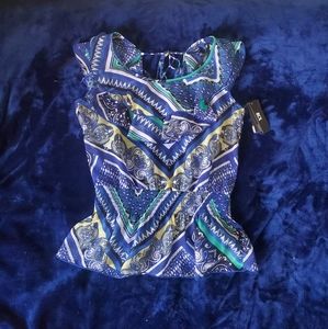 New blue patterned ruffle blouse